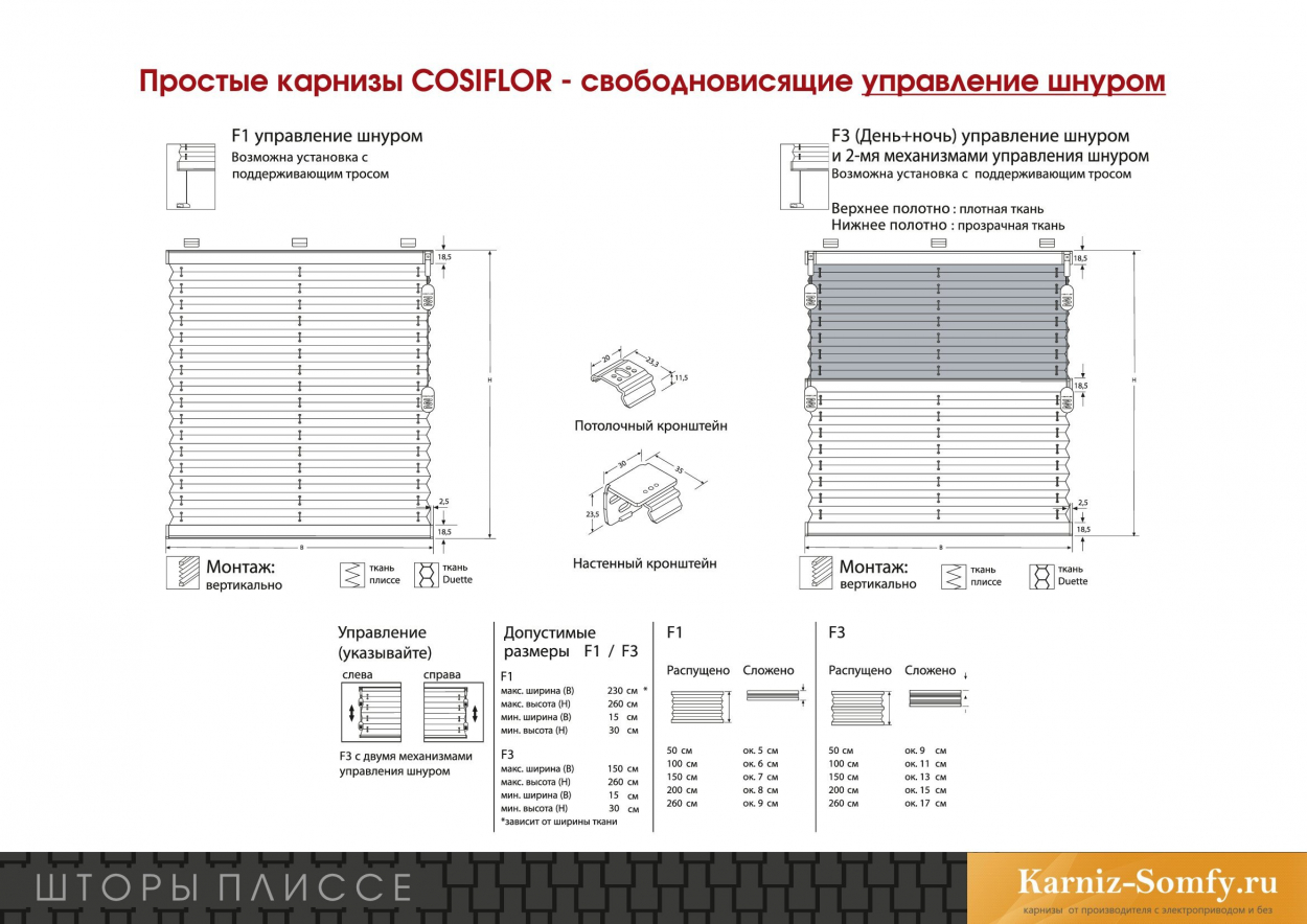 Шторы плиссе с карнизом COSIFLOR - свободновисящие управление шнуром