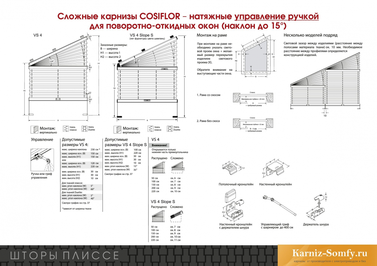 Сложные шторы плиссе с карнизом COSIFLOR - управление ручкой для поворотно-откидных окон 