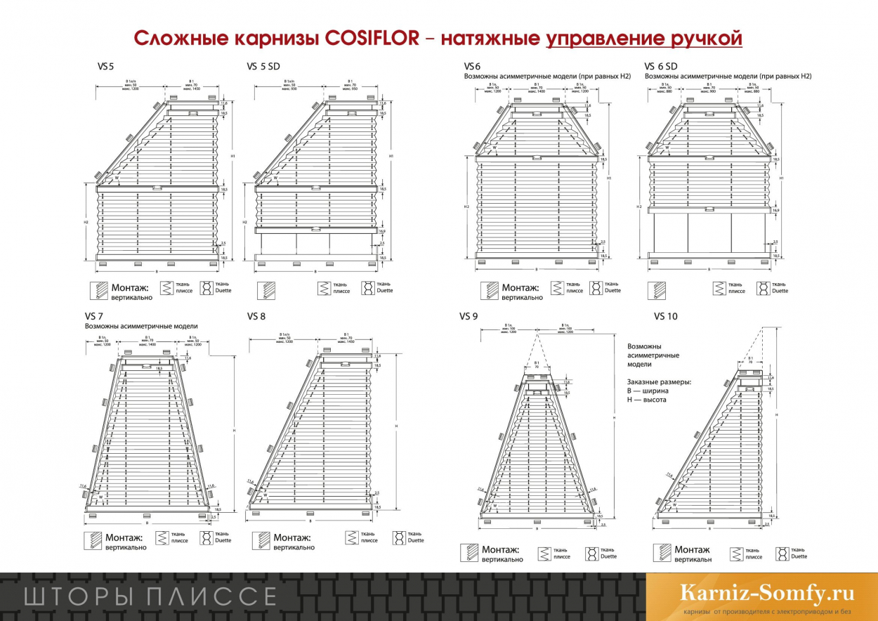 Сложные шторы плиссе с карнизом COSIFLOR - управление ручкой 