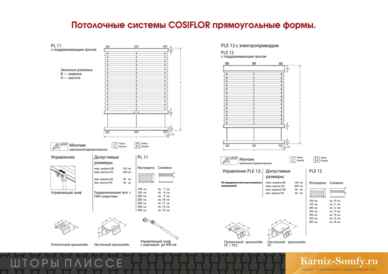 Потолочные шторы плиссе системы COSIFLOR  прямоугольные формы