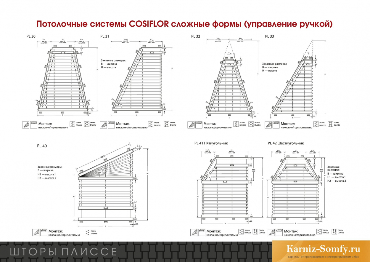 Потолочные системы штор плиссе с карнизом COSIFLOR - управление ручкой - сложные формы 